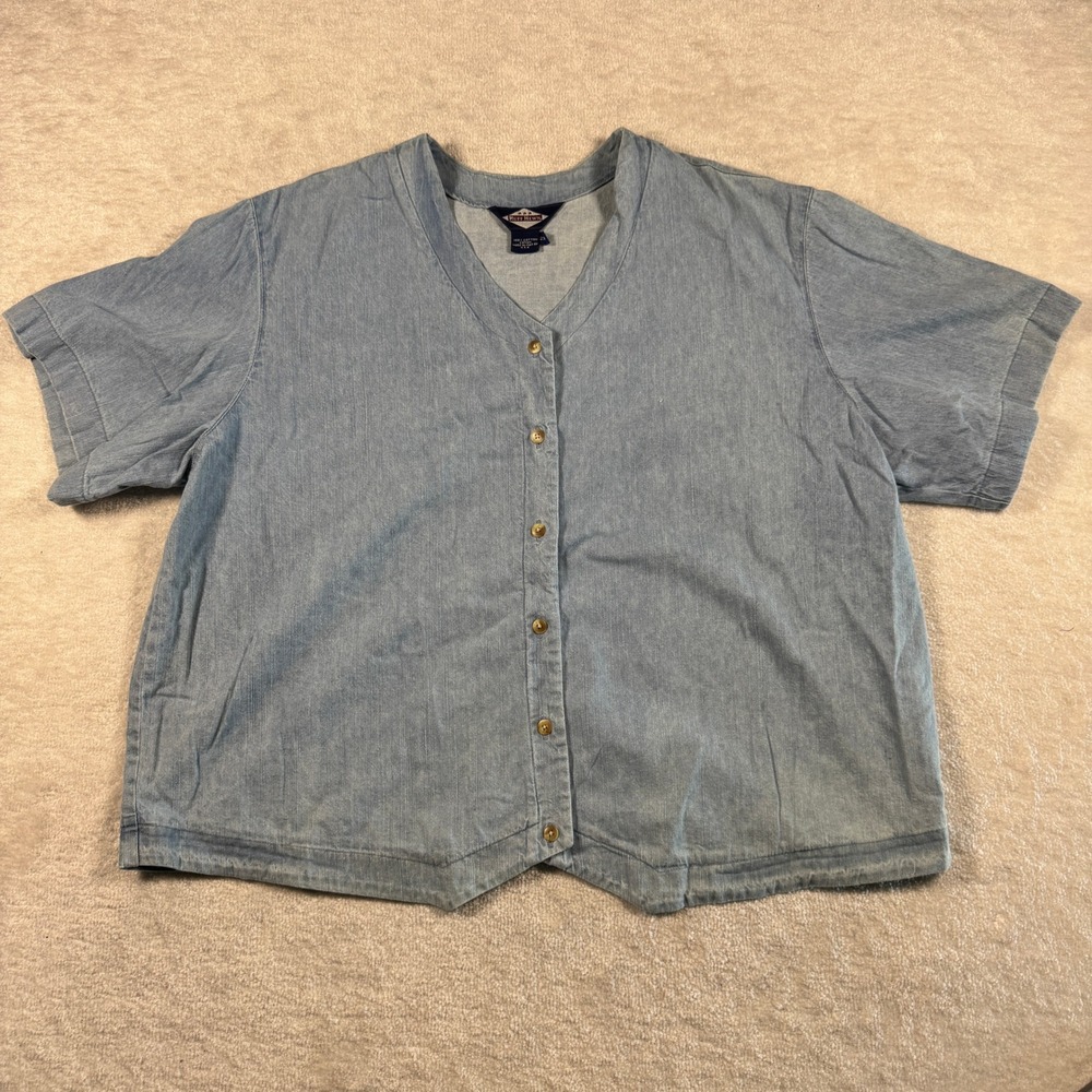 Ruff Hewn Womens 3X Denim Shirt Light Wash Blue Cotton Short Sleeve V-Neck Top